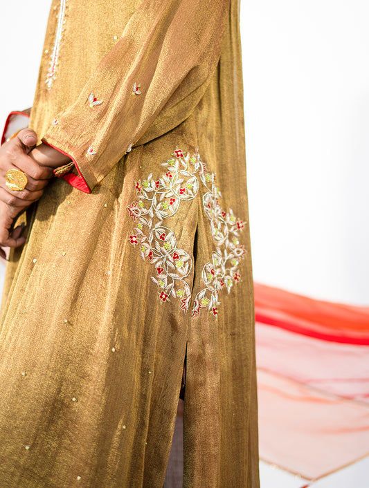 Brown Tissue Kurta Set