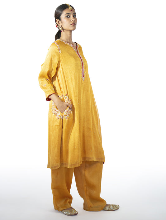 Mustard Tissue Kurta Set