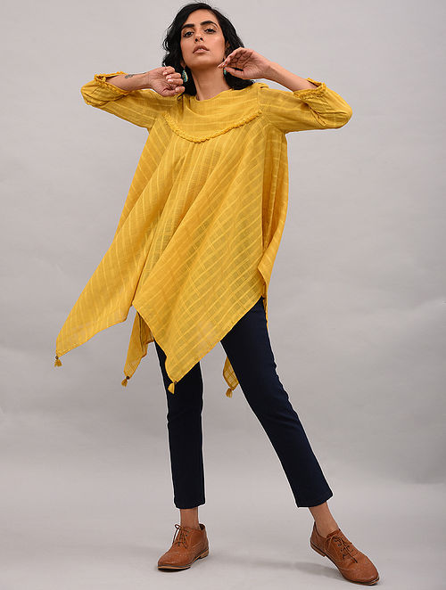 Green Asymmetrical Cotton Top with Tassels