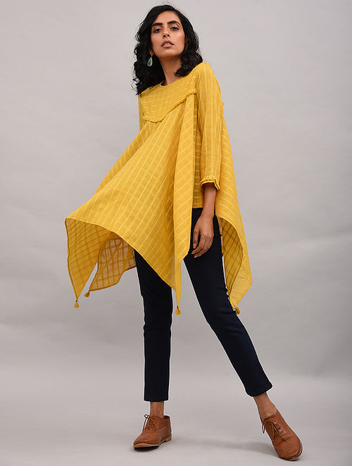 Green Asymmetrical Cotton Top with Tassels
