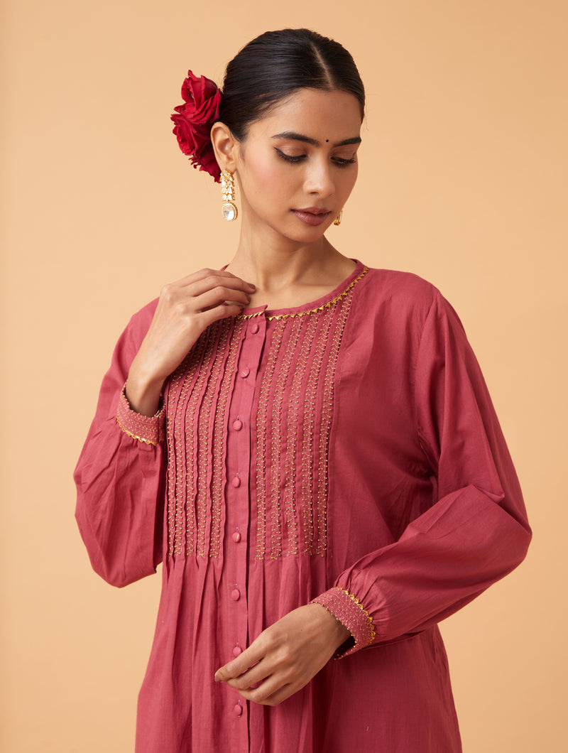 Red Pintuck Kurta Set