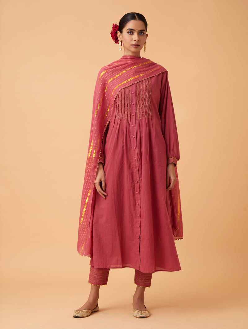 Red Pintuck Kurta Set