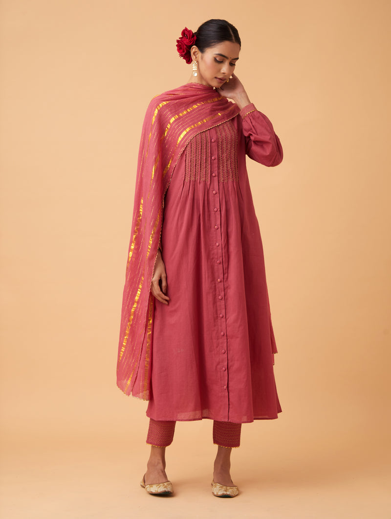 Red Pintuck Kurta Set
