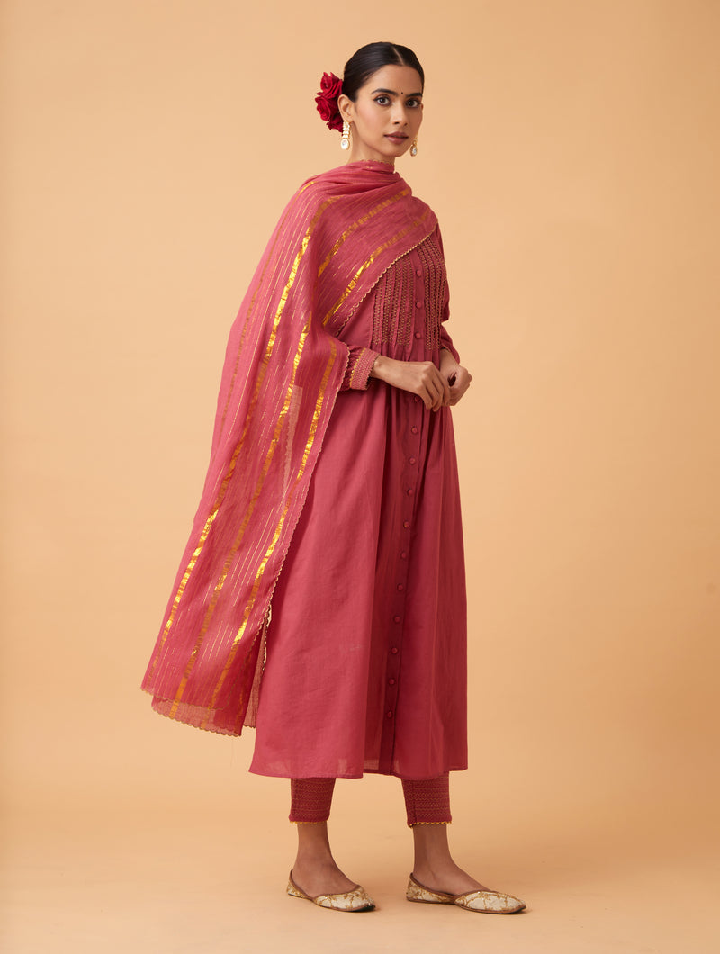 Red Pintuck Kurta Set