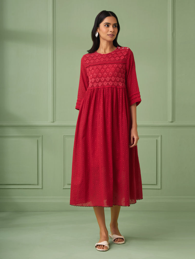 Coral Calf-Length Lace Dress
