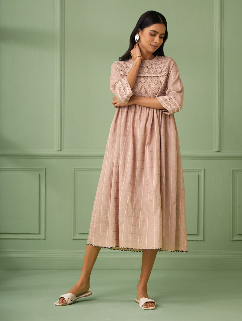 Coral Calf-Length Lace Dress
