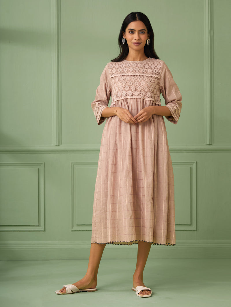 Coral Calf-Length Lace Dress