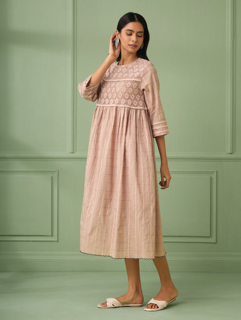 Coral Calf-Length Lace Dress