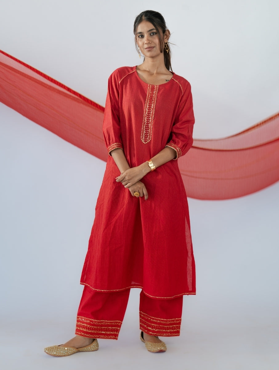 Red Raglan Sleeve Kurta Set