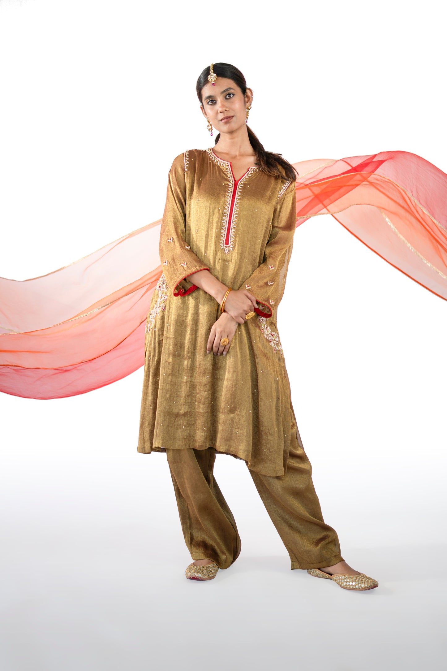 Red Tissue Kurta Set