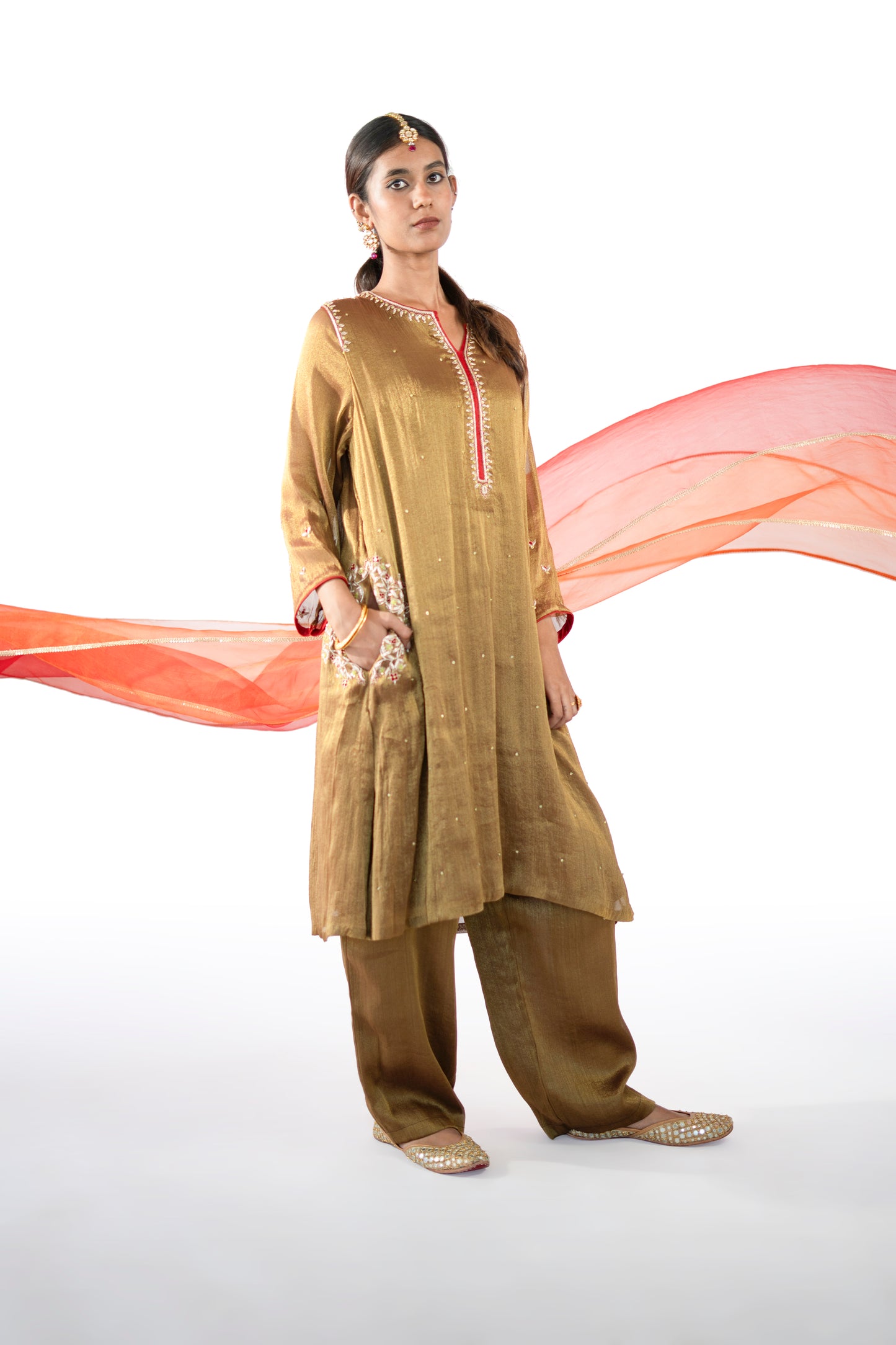 Red Tissue Kurta Set