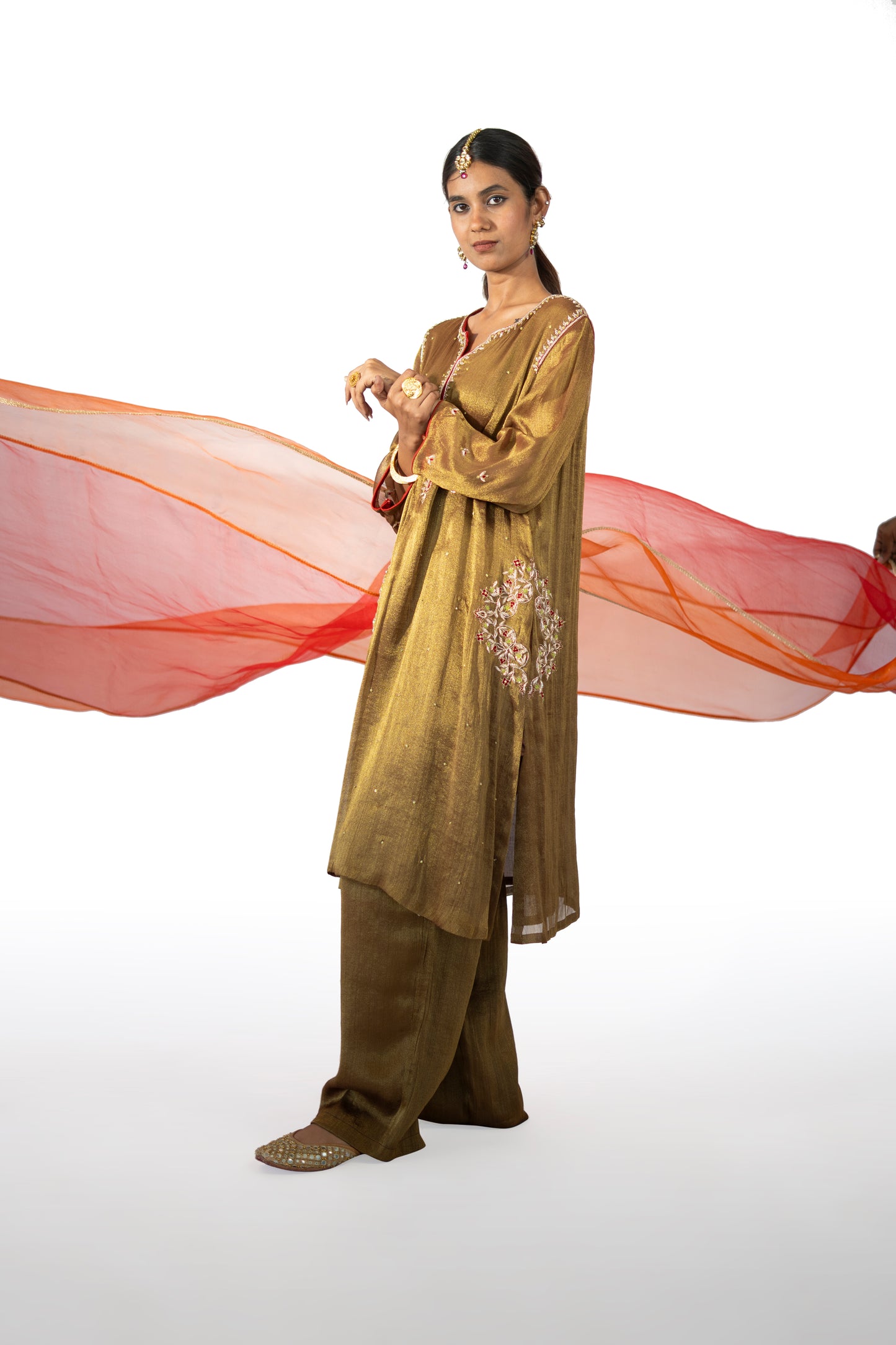 Red Tissue Kurta Set