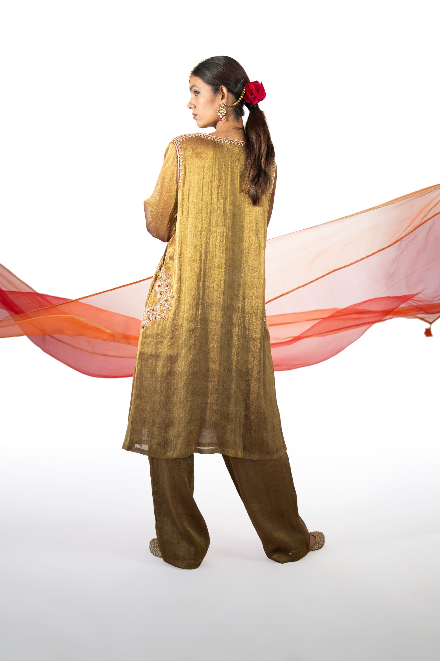 Red Tissue Kurta Set