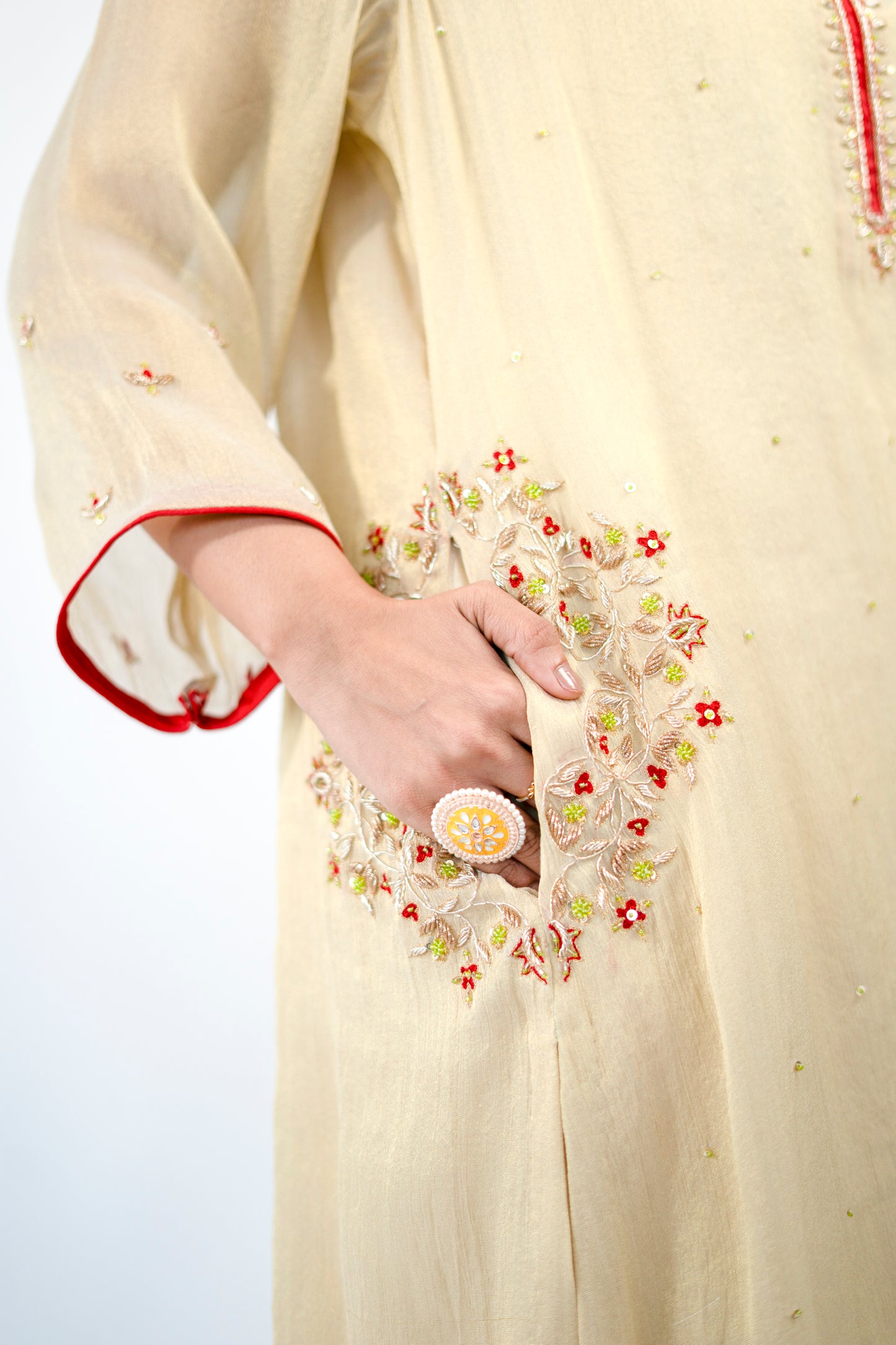 Red Tissue Kurta Set