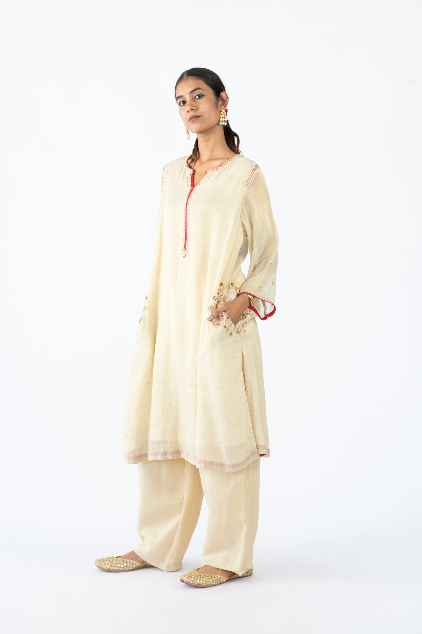 Red Tissue Kurta Set