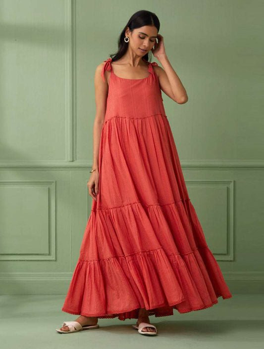 Coral Breezy Tiered Maxi Dress