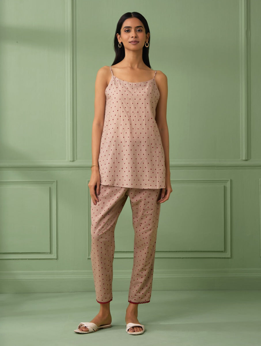 shop rose top with round neck and lace details made from pure cotton fabric. Perfect gift for loved ones. comfortable and flared top for summer which comes with a polka dot slip and adjustable pants