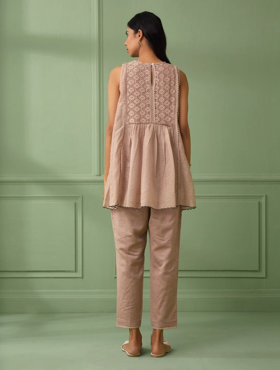 shop rose top with round neck and lace details made from pure cotton fabric. Perfect gift for loved ones. comfortable and flared top for summer which comes with a polka dot slip and adjustable pants