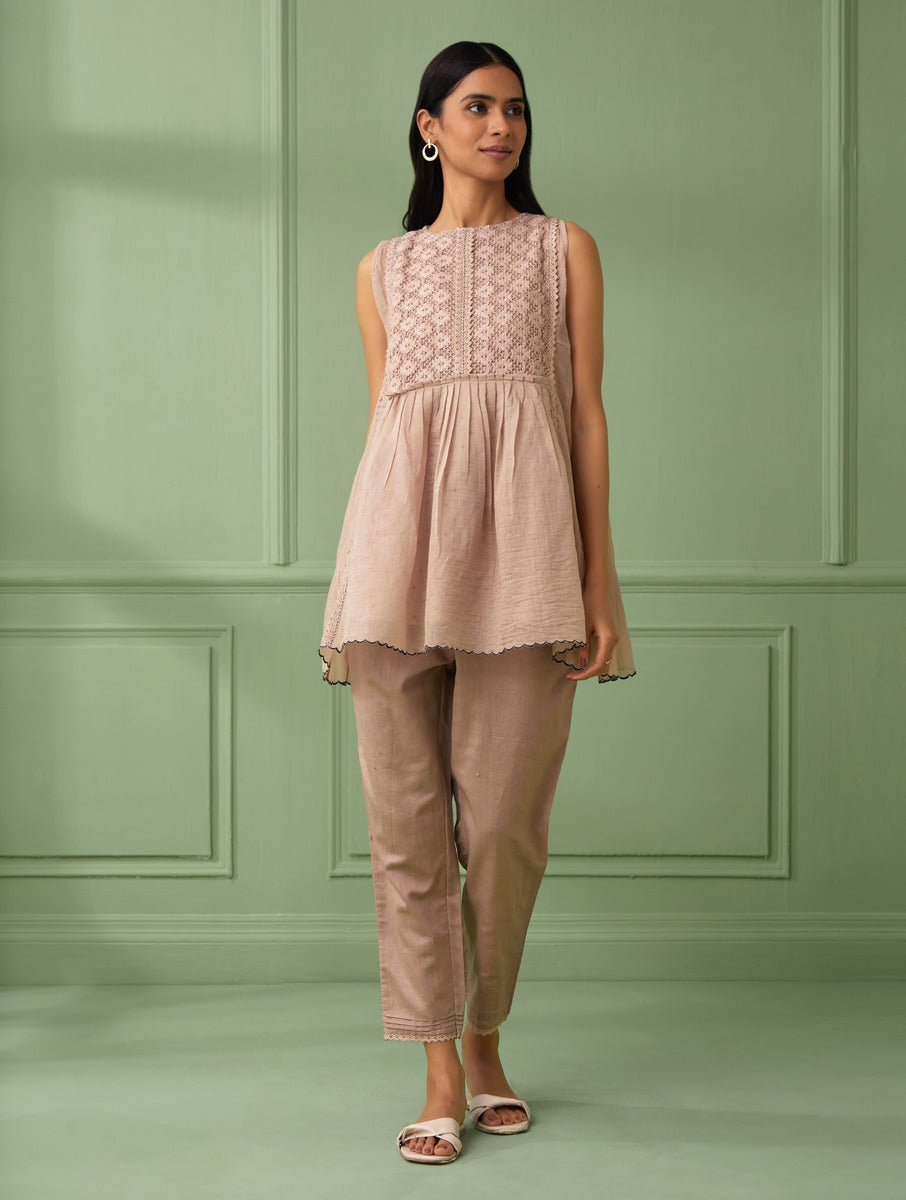 shop rose top with round neck and lace details made from pure cotton fabric. Perfect gift for loved ones. comfortable and flared top for summer