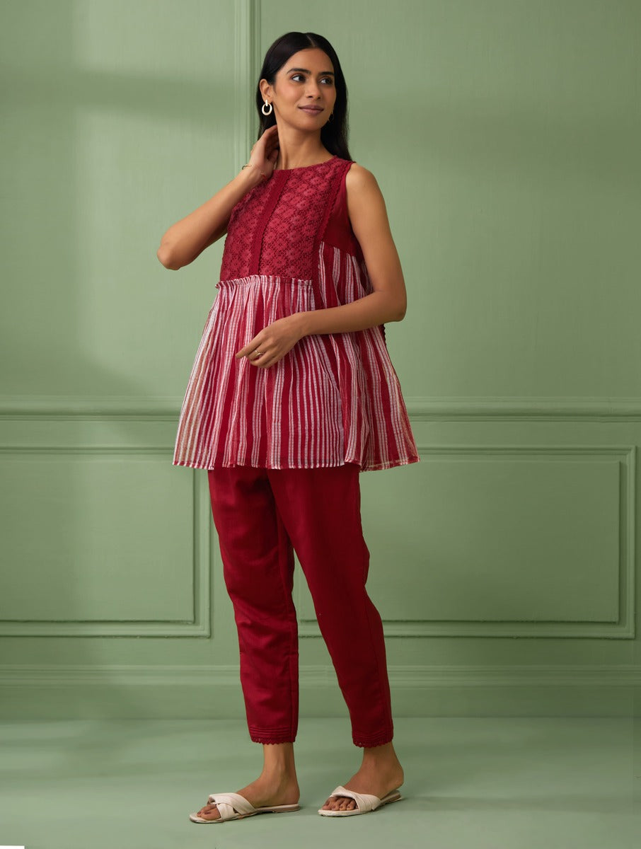 shop red top with beautiful stripe pattern made from hand block printing. Perfect gift for loved ones. comfortable and beautiful red top for summer