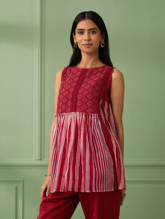 shop red top with beautiful stripe pattern made from hand block printing. Perfect gift for loved ones. comfortable and beautiful red top for summer