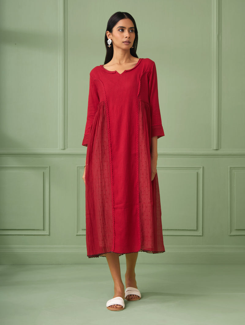 Red luxury wedding guest dresses for a rich look. Perfect flare dress for bridesmaid and all wedding occasions. This Red dress comes with a hand block printed slip. Shop now the most luxurious and comfortable dress for all occasions.  