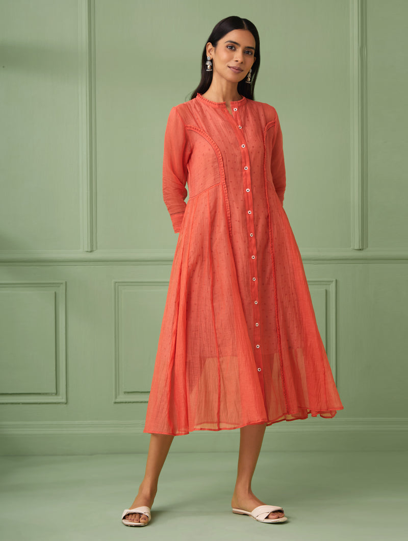 Elegant calf length jacket dress from parties and housewarmings. Indian traditional dress perfect to gift for loved one. Comes with a hand block printed slip dress with polka dots. Beautiful hand stitches and ruffles to add up to the elegance.