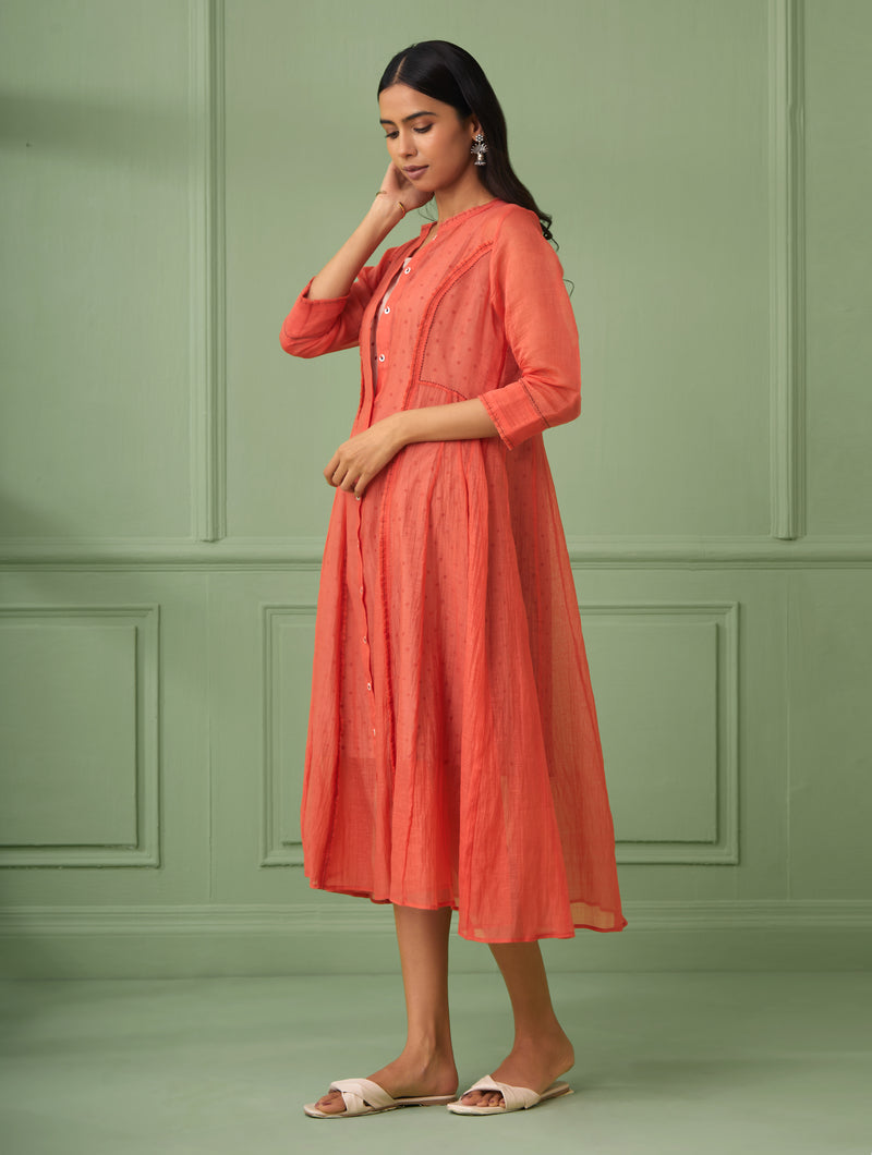 Elegant calf length jacket dress from parties and housewarmings. Indian traditional dress perfect to gift for loved one. Comes with a hand block printed slip dress with polka dots. Beautiful hand stitches and ruffles to add up to the elegance.