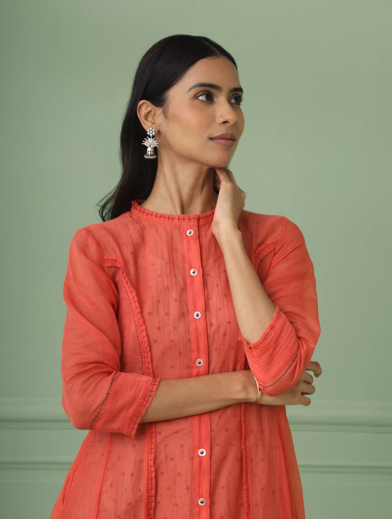 Elegant calf length jacket dress from parties and housewarmings. Indian traditional dress perfect to gift for loved one. Comes with a hand block printed slip dress with polka dots. Beautiful hand stitches and ruffles to add up to the elegance.