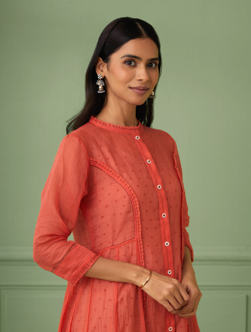 Elegant calf length jacket dress from parties and housewarmings. Indian traditional dress perfect to gift for loved one. Comes with a hand block printed slip dress with polka dots. Beautiful hand stitches and ruffles to add up to the elegance.
