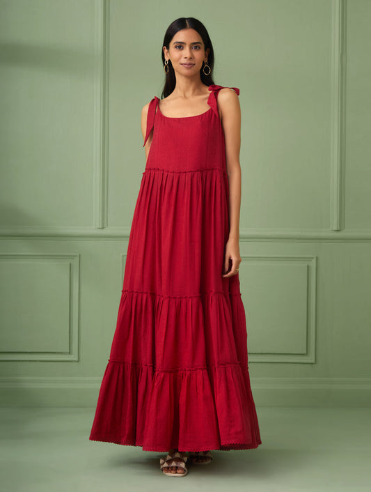 Red Breezy Tiered Maxi Dress