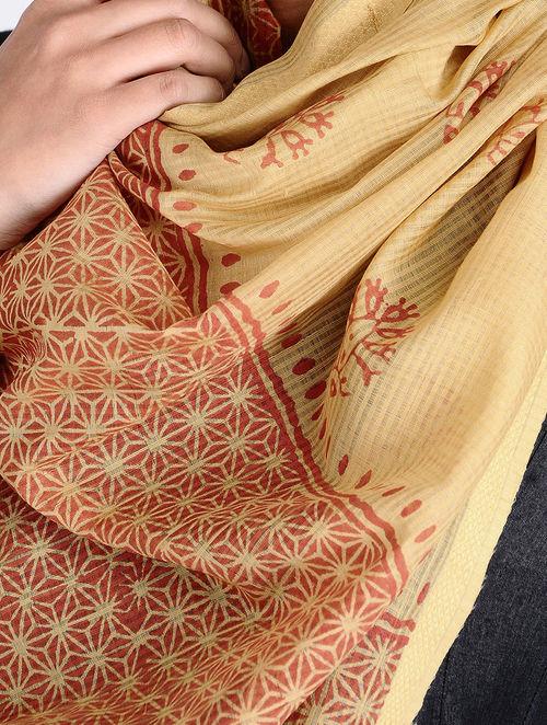 Beige with stylised earthy coloured motifs, matt texture, block print, organic, college accessory, completes the look, buy shop online