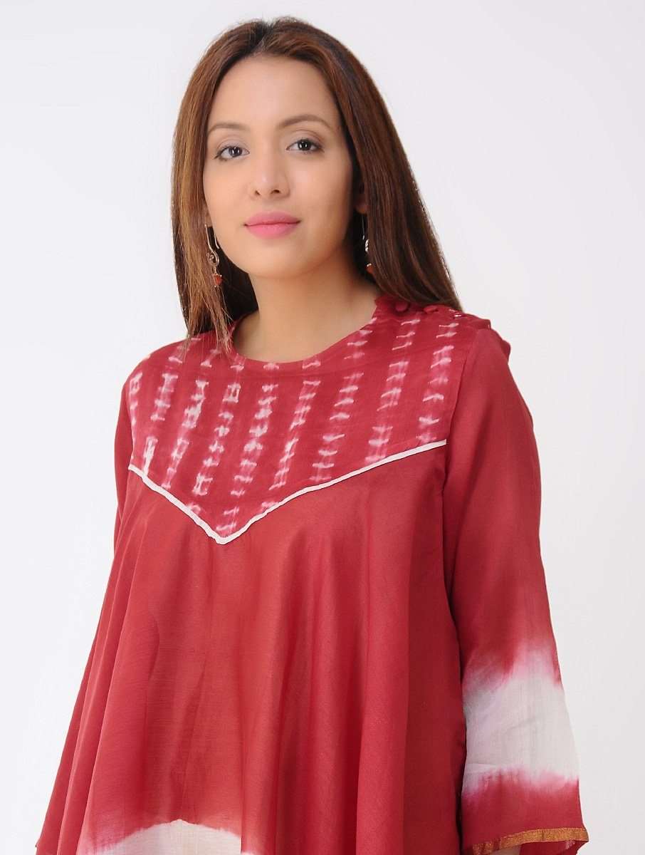 Chanderi drape top-Red Top Sonal Kabra Sonal Kabra Buy Shop online premium luxury fashion clothing natural fabrics sustainable organic hand made handcrafted artisans craftsmen