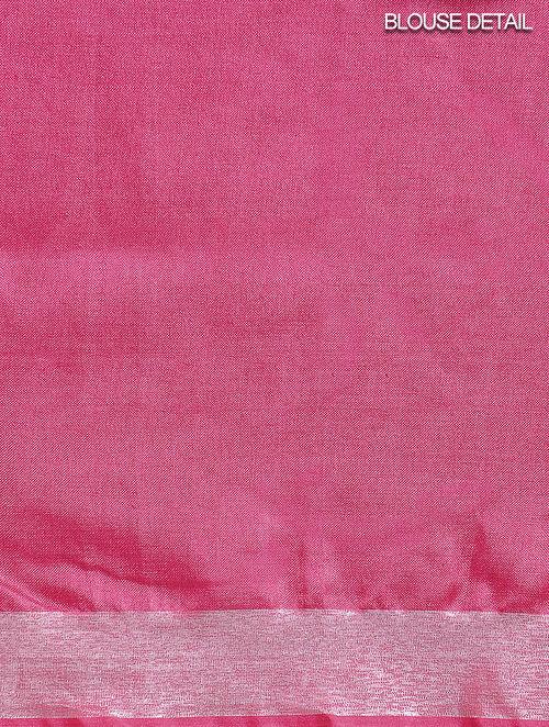 Complimenting pink linen blouse piece with wide silver border, one of best seller, COD available in India