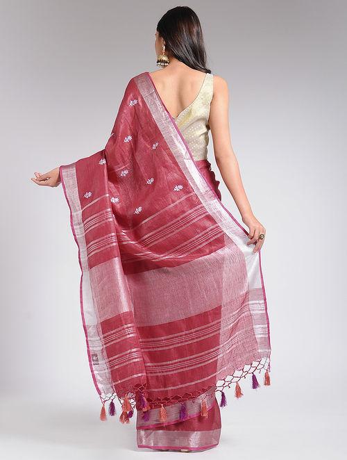 Silver borders on red pallu , sindor red, knotted jali with orange and pink tassels, luxury fashion minimal embroidery, online shopping, out of India shipping available