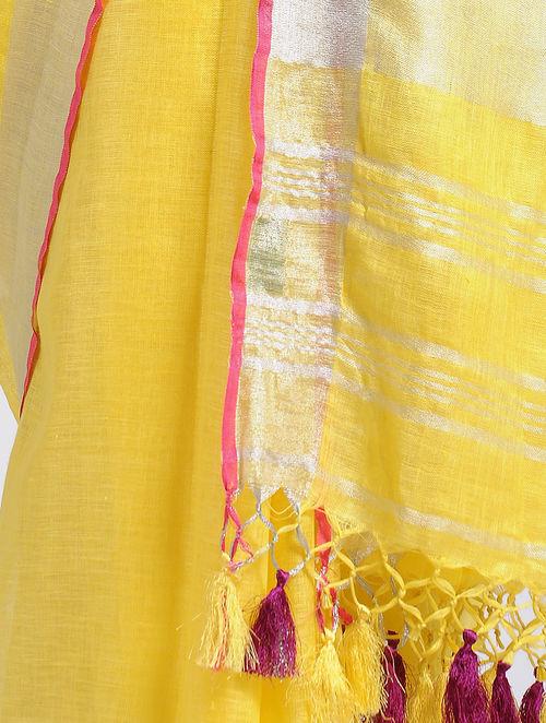 Decent shine on the border with pink yellow tassels, haldi ceremony outfit, dry cleaning, sent worldwide sustainable organic hand made
