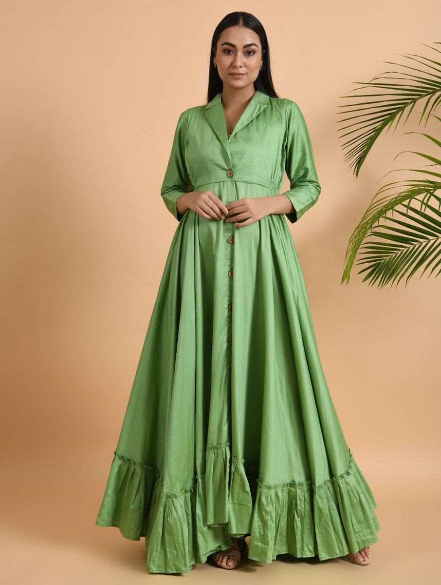 Green Cotton Silk Jacket Dress Dress The Neem Tree Sonal Kabra Buy Shop online premium luxury fashion clothing natural fabrics sustainable organic hand made handcrafted artisans craftsmen