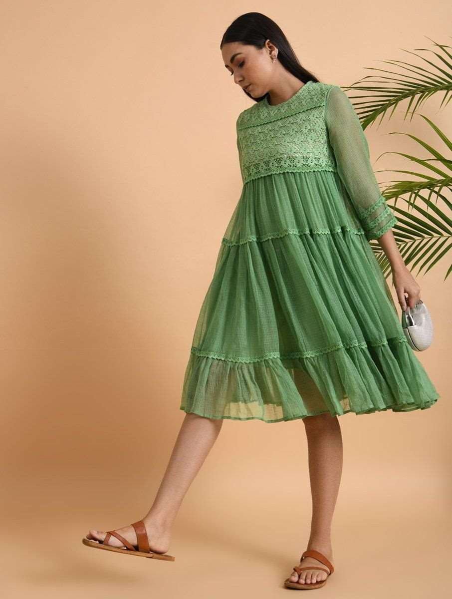 Green Lace Trimmed Kota Dress Dress The Neem Tree Sonal Kabra Buy Shop online premium luxury fashion clothing natural fabrics sustainable organic hand made handcrafted artisans craftsmen
