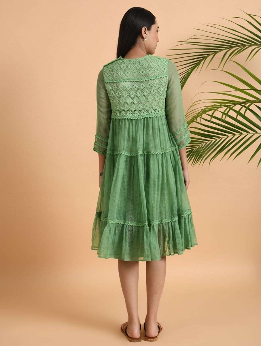 Green Lace Trimmed Kota Dress Dress The Neem Tree Sonal Kabra Buy Shop online premium luxury fashion clothing natural fabrics sustainable organic hand made handcrafted artisans craftsmen