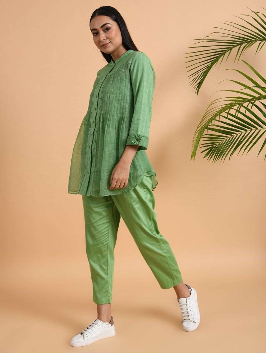 Green Pants Pants The Neem Tree Sonal Kabra Buy Shop online premium luxury fashion clothing natural fabrics sustainable organic hand made handcrafted artisans craftsmen