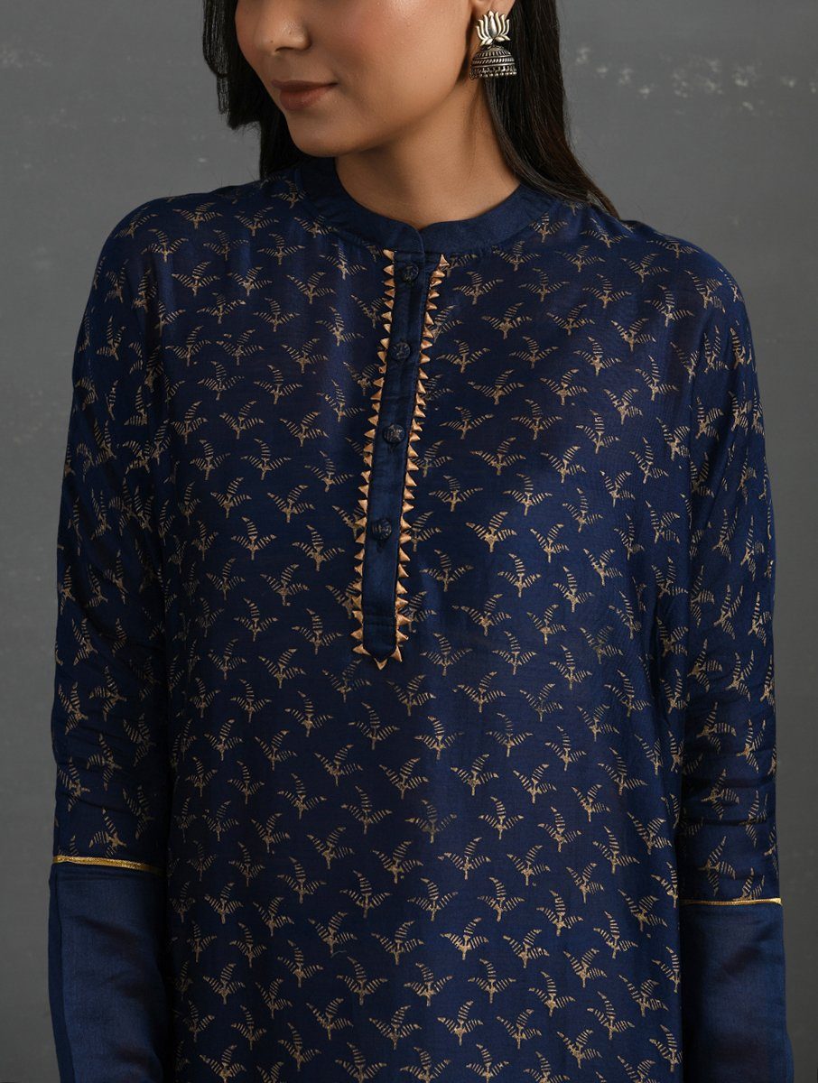 Indigo Block Printed Handwoven Chanderi Kurta Dress The Neem Tree Sonal Kabra Buy Shop online premium luxury fashion clothing natural fabrics sustainable organic hand made handcrafted artisans craftsmen