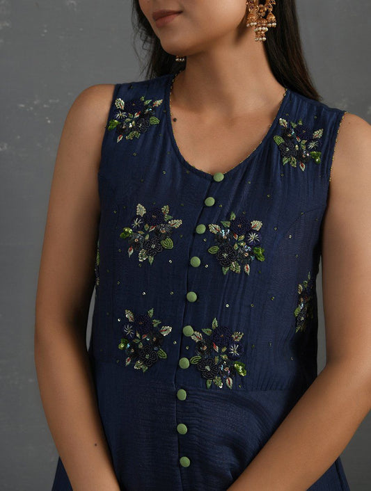 Indigo Hand Embroidered Sleeveless Kurta Kurta Sonal Kabra Sonal Kabra Buy Shop online premium luxury fashion clothing natural fabrics sustainable organic hand made handcrafted artisans craftsmen