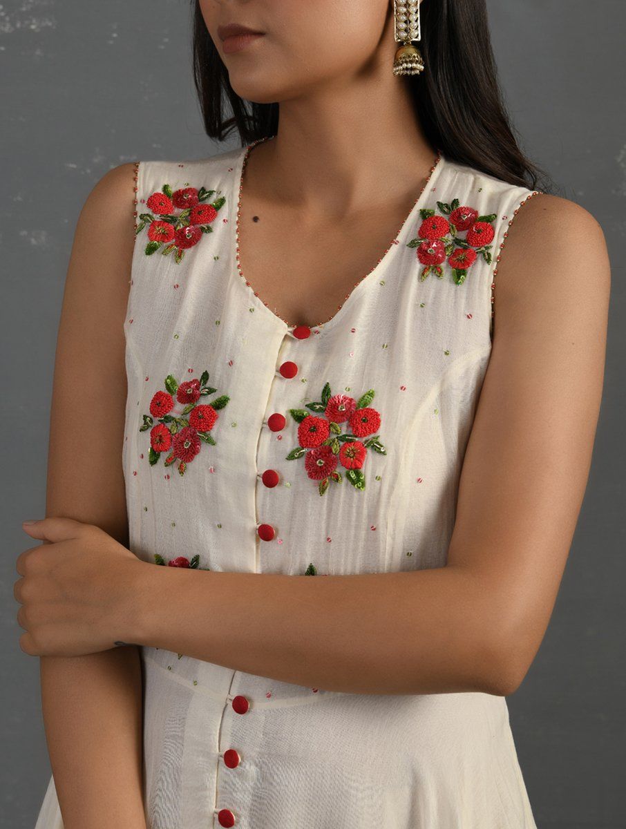 Ivory Hand Embroidered Sleeveless Kurta Kurta Sonal Kabra Sonal Kabra Buy Shop online premium luxury fashion clothing natural fabrics sustainable organic hand made handcrafted artisans craftsmen