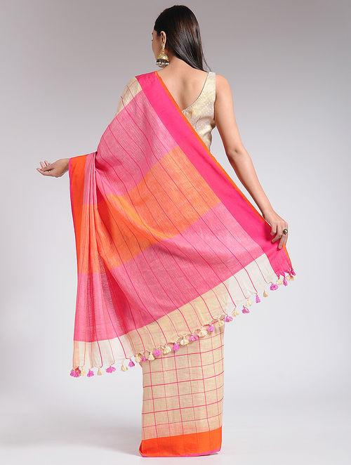 Dual coloured pallu, orange and pink, two way border, ivory and pink cotton tassels, vertical pink line on the pallu with undone blouse, light weight and comfortable