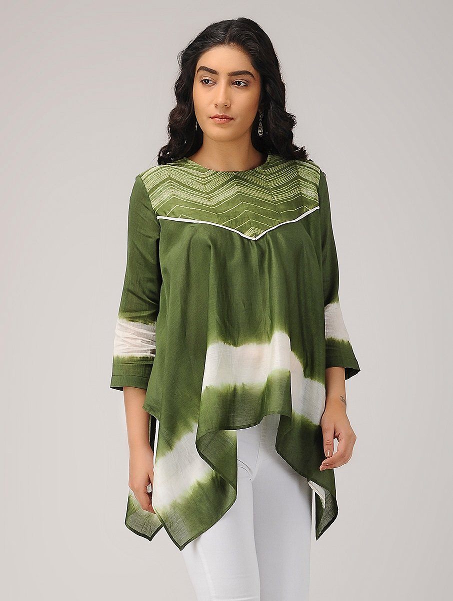 Olive drape top Top Sonal Kabra Sonal Kabra Buy Shop online premium luxury fashion clothing natural fabrics sustainable organic hand made handcrafted artisans craftsmen