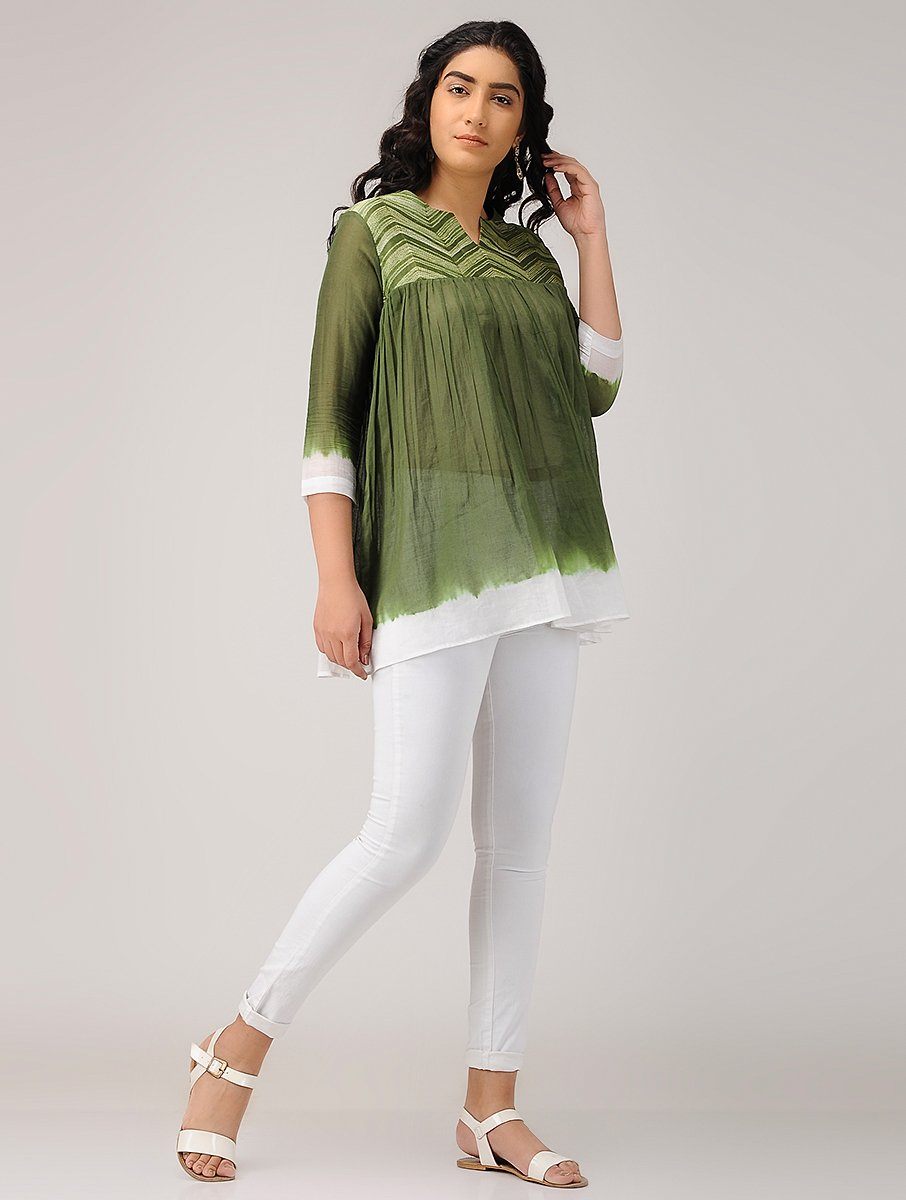 Olive gather top Top Sonal Kabra Sonal Kabra Buy Shop online premium luxury fashion clothing natural fabrics sustainable organic hand made handcrafted artisans craftsmen
