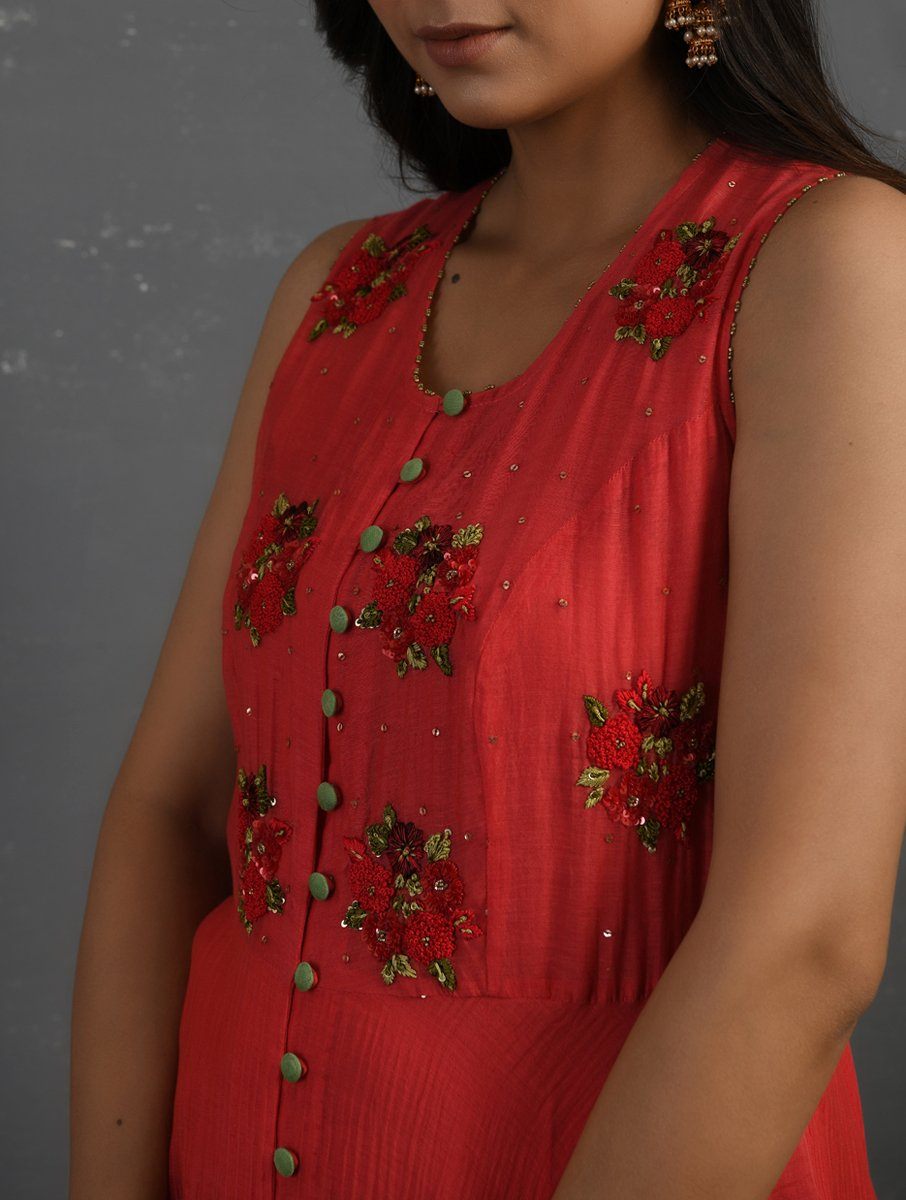 Pink Hand Embroidered Sleeveless Kurta Kurta Sonal Kabra Sonal Kabra Buy Shop online premium luxury fashion clothing natural fabrics sustainable organic hand made handcrafted artisans craftsmen