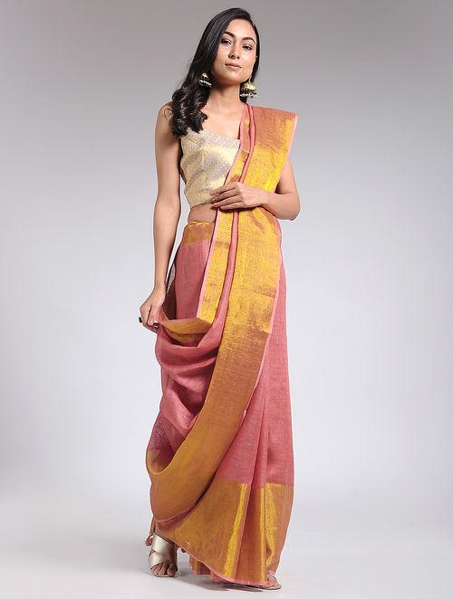 Simple coral pink linen saree with broad yellow golden elegant border, apt for all functions, crisp texture, handcrafted, in trend, cash on delivery done in india