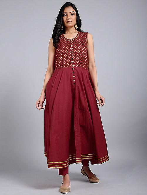 Red gold flared Kurta Jacket dress The Neem Tree Sonal Kabra Buy Shop online premium luxury fashion clothing natural fabrics sustainable organic hand made handcrafted artisans craftsmen