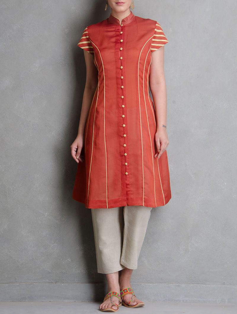 Red princess line dress Kurta Sonal Kabra Sonal Kabra Buy Shop online premium luxury fashion clothing natural fabrics sustainable organic hand made handcrafted artisans craftsmen